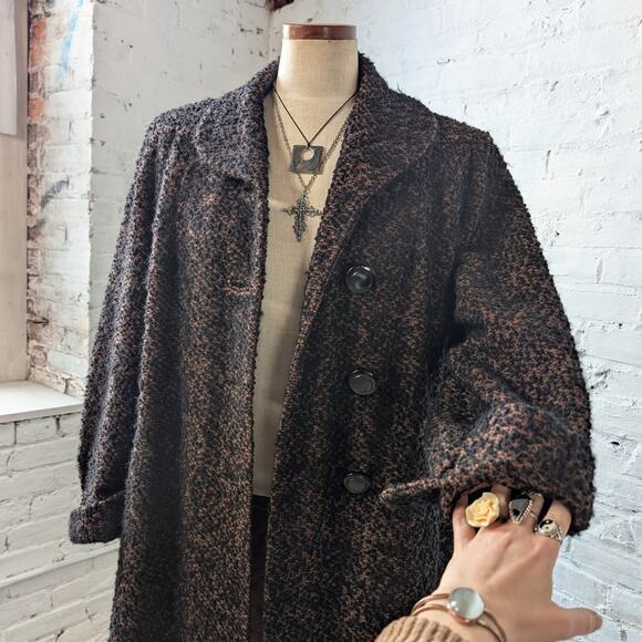 Vintage Black Rusty Fuzzy Wool Trench Coat Preppy Knit Boucle Boho Breezy Jacket - Picture 6 of 12